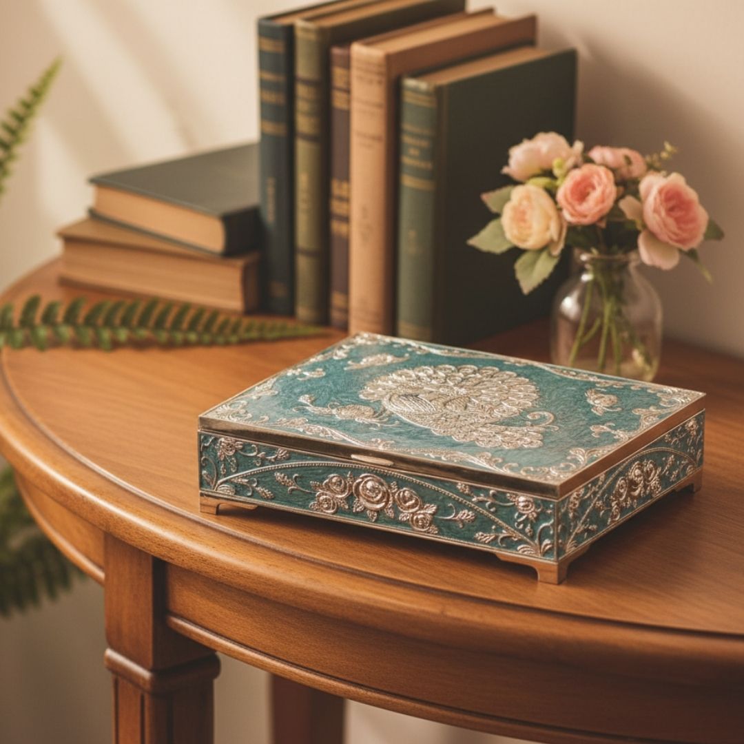 Enamel Peacock Jewellery Box 4 Partition