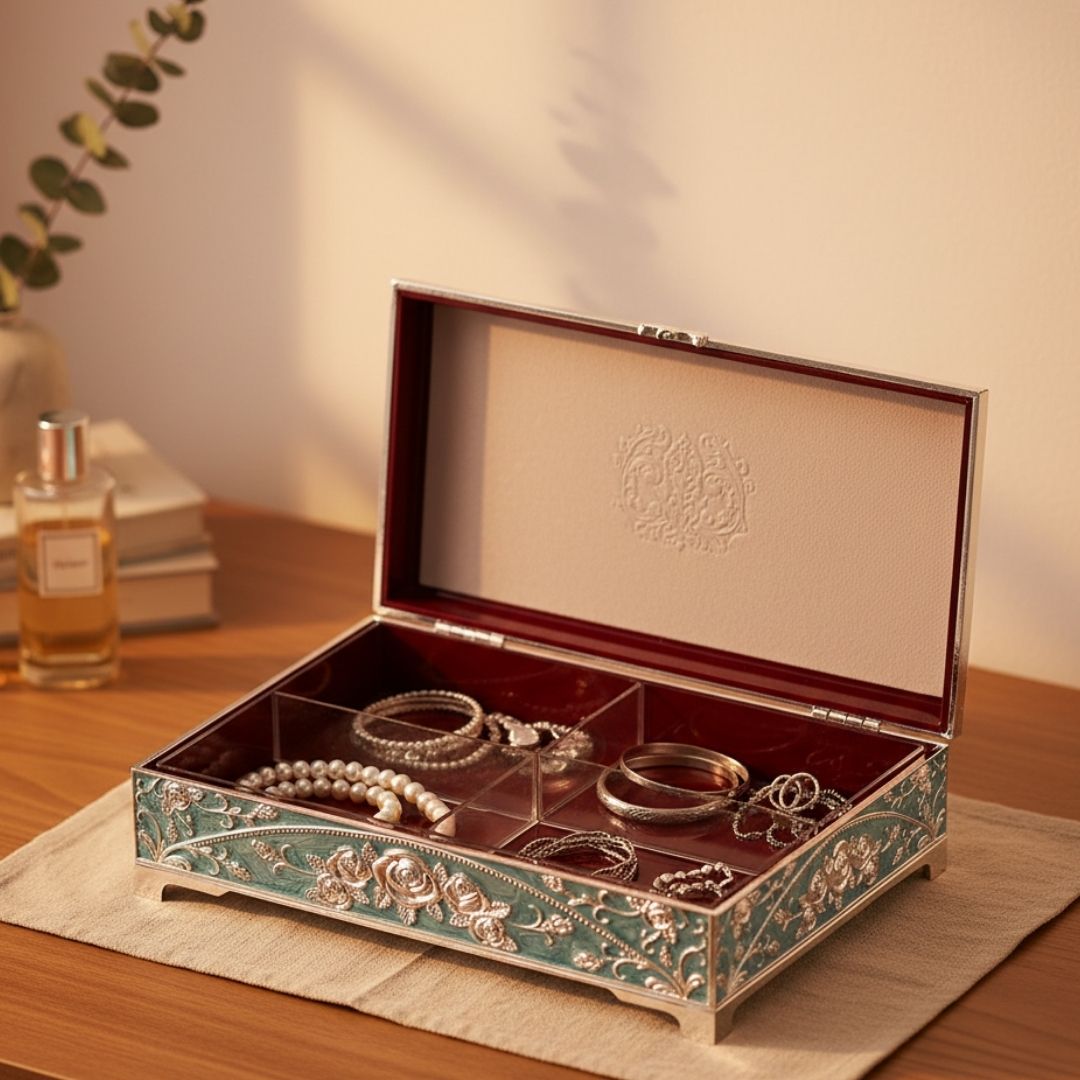 Enamel Peacock Jewellery Box 4 Partition