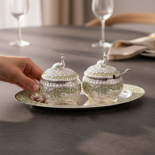 Enamel Set Of 2 Peacock Sugar Pot With Tray